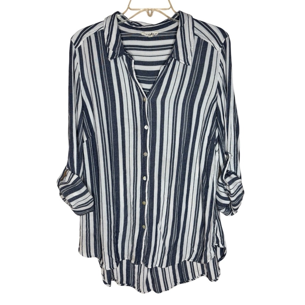 Jane And Delancey Button Up Top Size 1X Blue & White Stripe Tab Sleeve Coastal